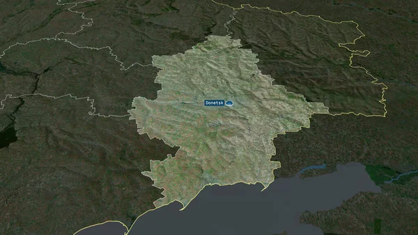 ドネツク ウクライナの地域は拡大し 首都で強調表示されました 衛星画像 3Dレンダリング — ストック写真