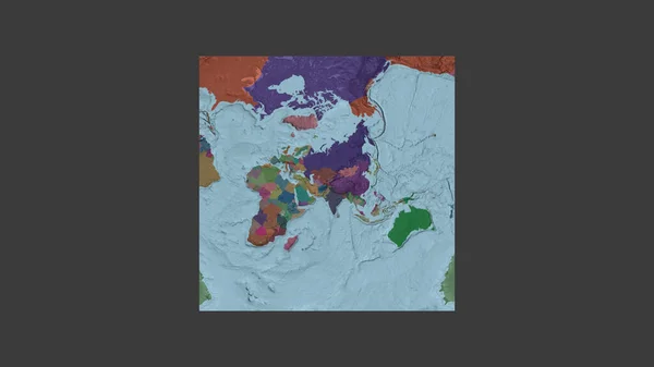 Square frame of the large-scale map of the world in an oblique Van der Grinten projection centered on the territory of Tajikistan. Color map of the administrative division