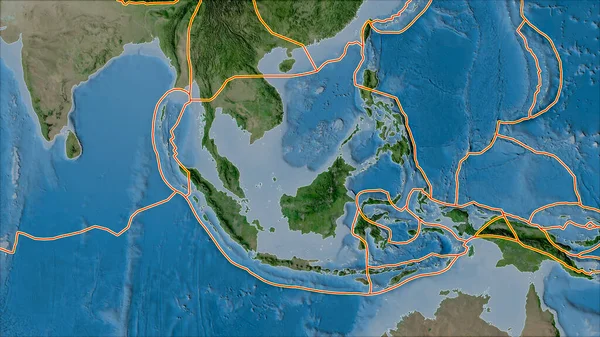 衛星上の構造プレートの境界スンダ プレート地域に隣接する地域の地図 ヴァン グリンテンI予測 斜めの変換 — ストック写真