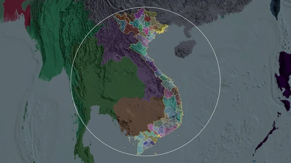 Vietnam zoomed and circled. Colored and bumped map of the administrative division. 3D rendering