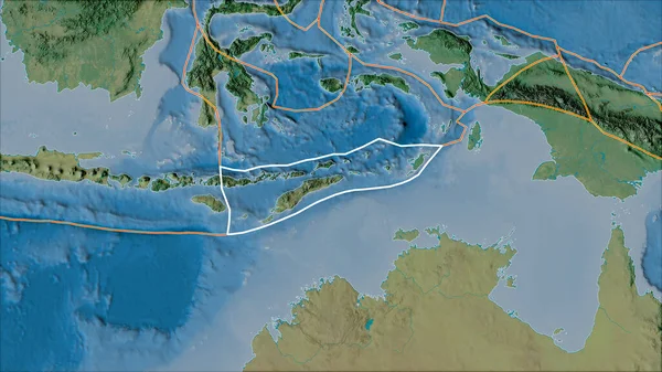 Van Der Grinten I投影 斜变换 地形图上的东帝汶断面和相邻板块边界 — 图库照片