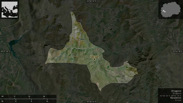 德鲁戈沃 马其顿市 卫星图像 以信息覆盖的形式呈现在其国家区域上 3D渲染 — 图库照片
