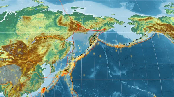 Okhotská Tektonická Deska Nastíněná Globální Topografické Reliéfní Mapě Projekci Kavrayskiy — Stock fotografie