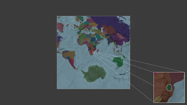 世界の大規模な地図から抽出されたスワジランドの拡大拡大領域と フレームの隅を結ぶ主要線 行政庁のカラーマップ — ストック写真