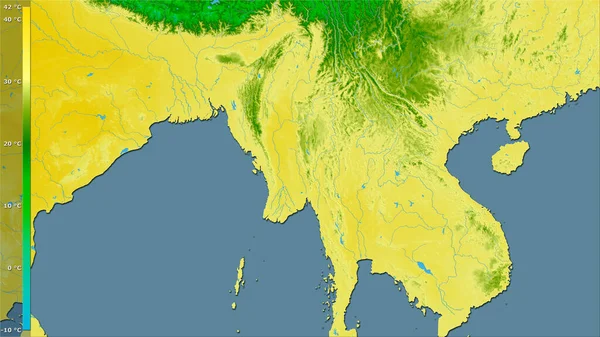 ミャンマー地域内で最も暖かい月の最高温度は 凡例と立体投影 ラスター層の生の組成 — ストック写真