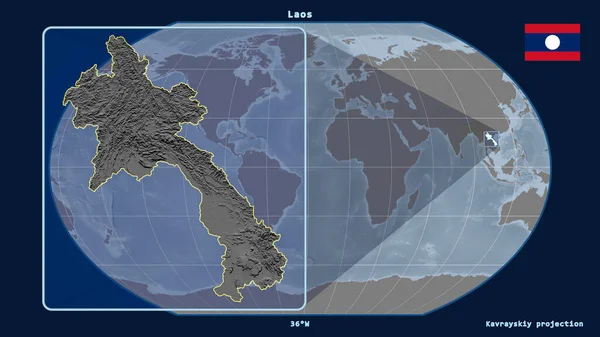 Увеличенный Учетом Контура Лаоса Перспективными Линиями Против Глобальной Карты Каврайской — стоковое фото
