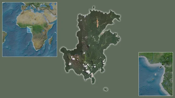 圣多美和普林西比的近景及其在该区域的位置 以及在大比例尺世界地图中心的位置 卫星图像 — 图库照片