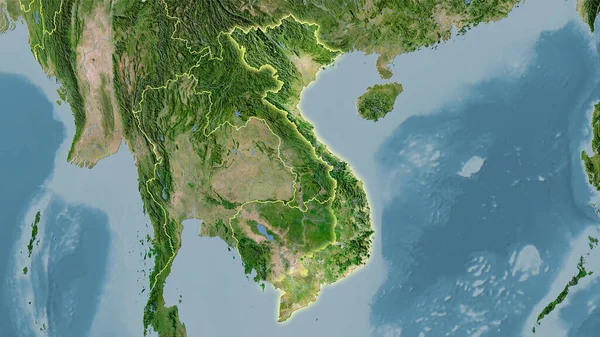 衛星Cマップ上のベトナムエリアの立体投影 光輝く輪郭を持つラスター層の生の組成 — ストック写真