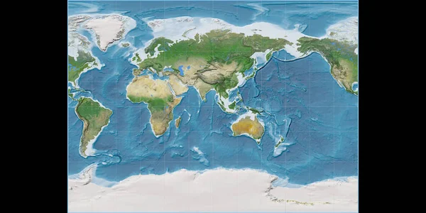 Världskarta Miller Cylindrisk Projektion Centrerad Östlig Longitud Satellitbild Komposit Raster — Stockfoto