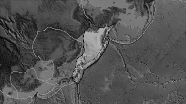 隣接地域の砂漠化によって分離されたグレースケールマップ上のオホーツク地殻プレートの概要 ヴァン グリンテンI予測 斜めの変換 — ストック写真