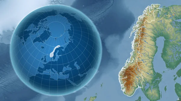 Norveç. Zoom haritasına karşı ülkenin şekline sahip bir dünya. topografik yardım haritası