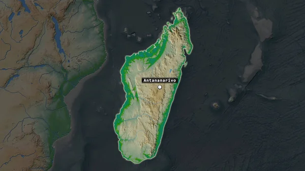 Zone Surlignée Madagascar Avec Point Capital Étiquette Sur Carte Désaturée — Photo
