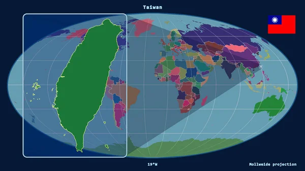 Zoomed Widok Tajwan Zarys Linii Perspektywicznych Wobec Globalnej Mapy Projekcji — Zdjęcie stockowe