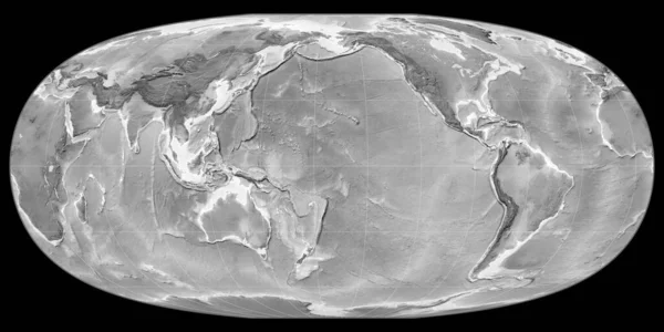 西の経度170度を中心としたマクブライド トーマス予測の世界地図 グレースケール標高地図 グレースケールとラスターの生の複合体 3Dイラスト — ストック写真