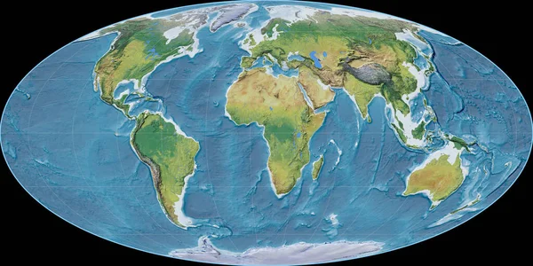 Světová Mapa Mollweidově Projekci Soustřeďuje Východní Délky Hlavní Fyziografické Krajinné — Stock fotografie