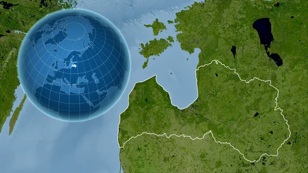 Łotwa Globus Kształcie Kraju Powiększoną Mapą Swoim Zarysem Obrazy Satelitarne — Zdjęcie stockowe