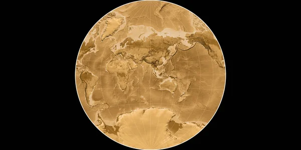 范德林滕投影中的世界地图以东经90度为中心 塞皮亚着色的高程图 光栅与满意的原始复合材料 3D插图 — 图库照片