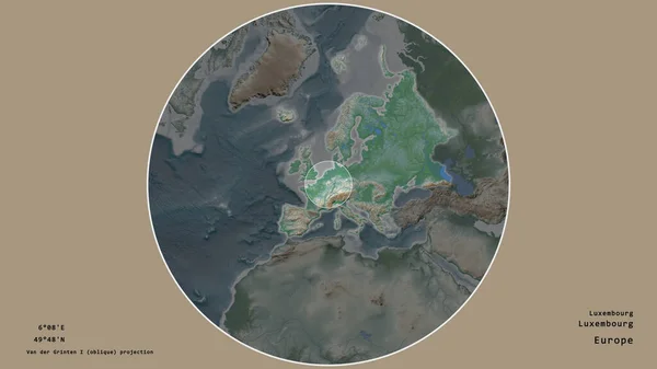 卢森堡的一个地区 在该大陆的大比例尺地图上有一个圆圈 在绝望的背景下孤立起来 大写的地理推论和名称 彩色物理图 — 图库照片