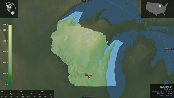 Wisconsin Stato Degli Stati Uniti Dati Ombreggiatura Colorati Con Laghi — Foto Stock