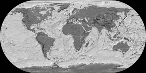 World map in the Ortelius Oval projection centered on 11 East longitude. Bilevel topographic map - raw composite of raster with graticule. 3D illustration