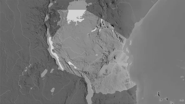 立体投影のグレースケール標高マップ上のタンザニア地域 ラスター層の生の組成 — ストック写真