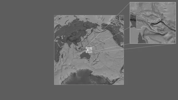파푸아의 확장되고 지역은 세계의 대규모 지도에서 프레임의 모서리를 연결하는 선으로 — 스톡 사진