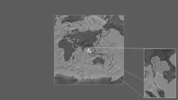 世界の大規模な地図から抽出されたタイの拡大拡大領域と フレームの隅を結ぶ主要線 標高マップ — ストック写真