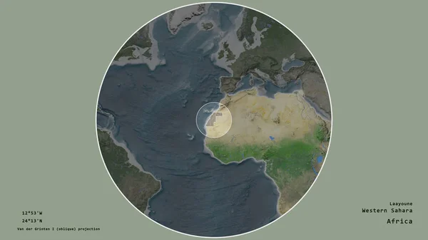 在该大陆的大比例尺地图上 以一个圆圈为标志的西撒哈拉地区在绝望的背景下被孤立 大写的地理推论和名称 卫星图像 — 图库照片