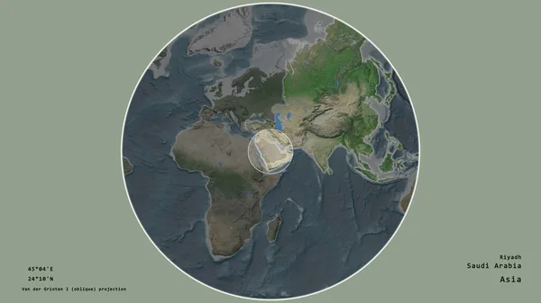 沙特阿拉伯的一个地区 在该大陆的大比例尺地图上有一个圆圈 在绝望的背景下孤立起来 大写的地理推论和名称 卫星图像 — 图库照片