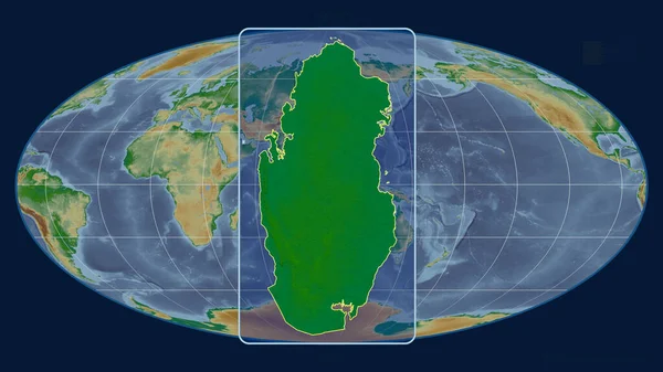 Közelíts Katar Körvonalaira Egy Globális Térképpel Szemben Mollweide Kivetítésben Alakzat — Stock Fotó