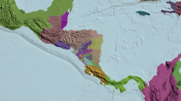 尼加拉瓜变焦了 成为邻国 绘制了行政区划的彩色和凸起的地图 3D渲染 — 图库照片