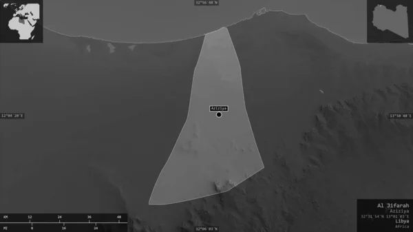 リビアのアル フィファラー地区 湖や川とグレースケールの地図 有益なオーバーレイとその国の領域に対して提示形状 3Dレンダリング — ストック写真