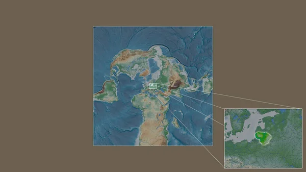 从世界大比例尺地图中提取出来的立陶宛扩大和扩大的地区 其主要线连接了框架的各个角落 彩色物理图 — 图库照片