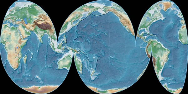 Světová Mapa Mollweide Oceány Soustřeďuje Východní Délky Barevné Stínítko Výšková — Stock fotografie