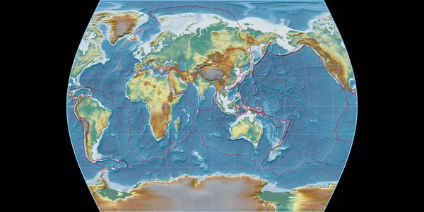 Světová Mapa Projekci Times Atlas Soustředila Východní Délky Topografická Reliéfní — Stock fotografie