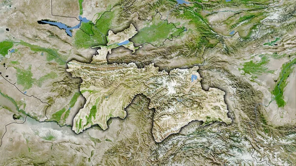 衛星上のタジキスタン領域立体投影図の地図 暗い輝線の輪郭を持つラスター層の生の組成 — ストック写真