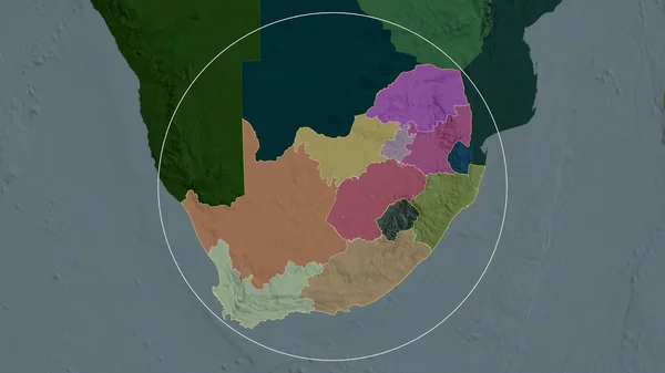 South Africa zoomed and circled. Colored and bumped map of the administrative division. 3D rendering