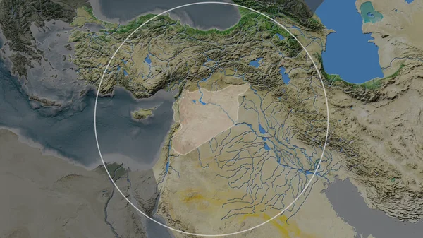 Rozšířená Oblast Sýrie Obklopená Kruhem Pozadí Svého Sousedství Satelitní Snímky — Stock fotografie