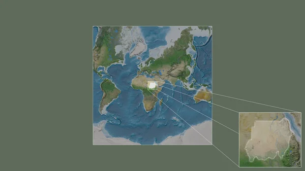 世界の大規模な地図から抽出されたスーダンの拡大拡大領域と フレームの隅を結ぶ主要線 衛星画像 — ストック写真