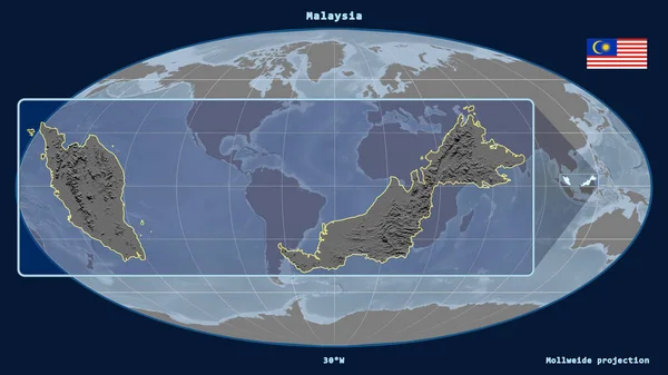 Přiblížený Pohled Malajsii Perspektivními Liniemi Proti Globální Mapě Mollweidově Projekci — Stock fotografie