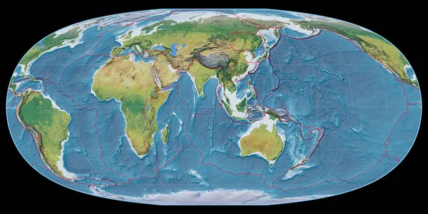 Mcbryde Thomas Projeksiyonundaki Dünya Haritası Doğu Boylamına Odaklı Ana Fizyografik — Stok fotoğraf
