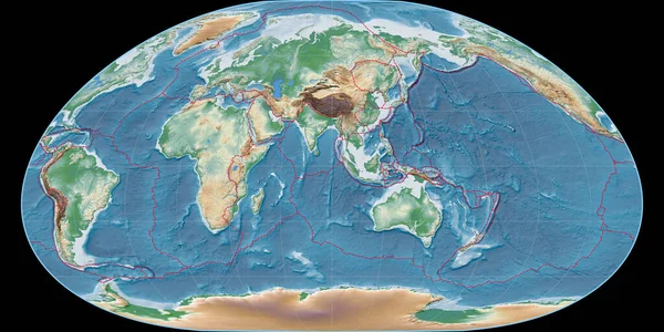 Världskartan Loximuthalprojektionen Centrerad Östlig Longitud Färgad Nyans Höjd Karta Komposit — Stockfoto