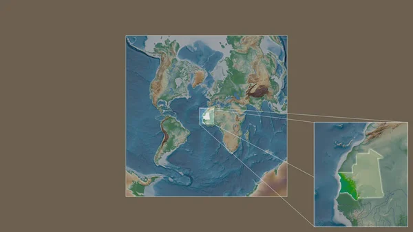 从世界大比例尺地图中提取的毛里塔尼亚扩大和扩大的地区 其主要线连接了框架的各个角落 彩色物理图 — 图库照片