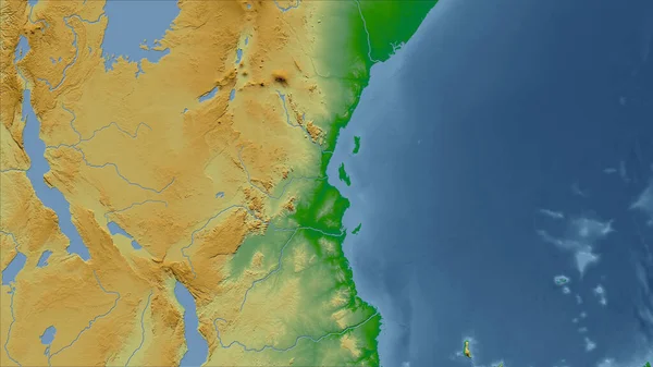 Tanzanii Zbliżenie Perspektywy Kraju Bez Zarysu Kolor Mapa Fizyczna — Zdjęcie stockowe