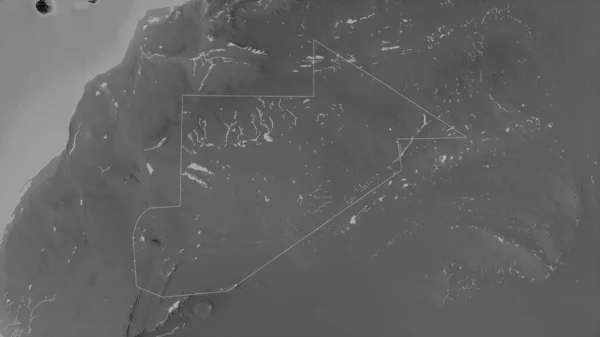 毛里塔尼亚地区的Tiris Zemmour 有湖泊和河流的灰度地图 形状与它的国家相对应 3D渲染 — 图库照片
