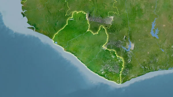 卫星C地图上立体投影中的利比里亚地区 具有发光轮廓的栅格层的原始组成 — 图库照片