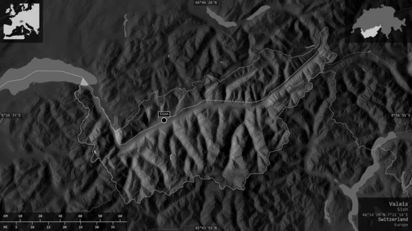 Valais Cantão Suíça Mapa Tons Cinza Com Lagos Rios Forma — Fotografia de Stock