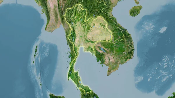 卫星C地图上立体投影中的泰国地区 具有发光轮廓的栅格层的原始成分 — 图库照片