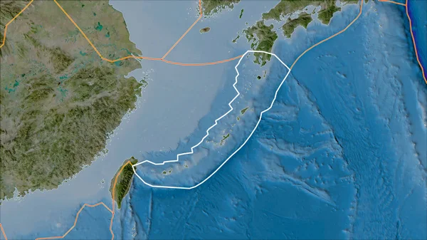 Umrissene Okinawa Platte Und Grenzen Benachbarter Platten Auf Der Satelliten — Stockfoto