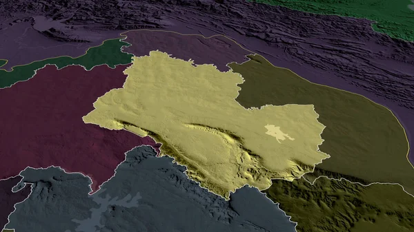 Sakon Nakhon - province of Thailand zoomed and highlighted. Colored and bumped map of the administrative division. 3D rendering